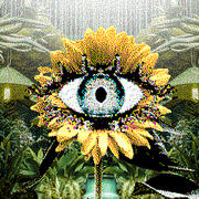 A pointillism image of a sunflower with a green eye in the center of it.